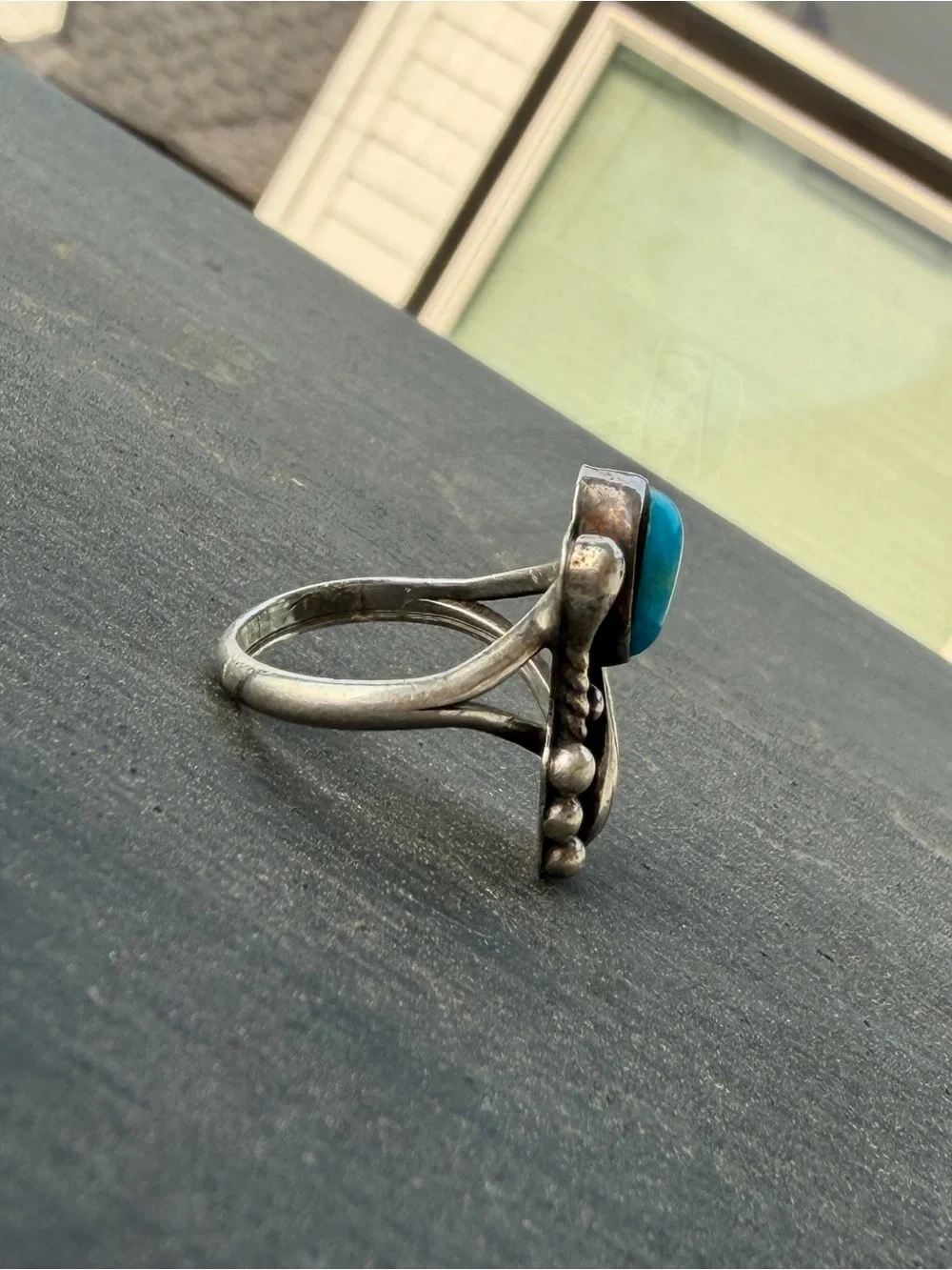 Vintage Turquoise Leaf Ring - Blue and Silver